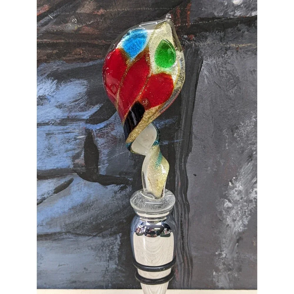 Murano Art Glass Wine Stopper Metal Barware In Box Red Aqua White  Gold specks